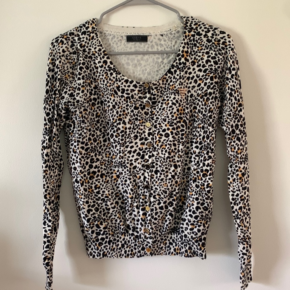 Guess Cheetah Print Button Up Sweater — Size Small